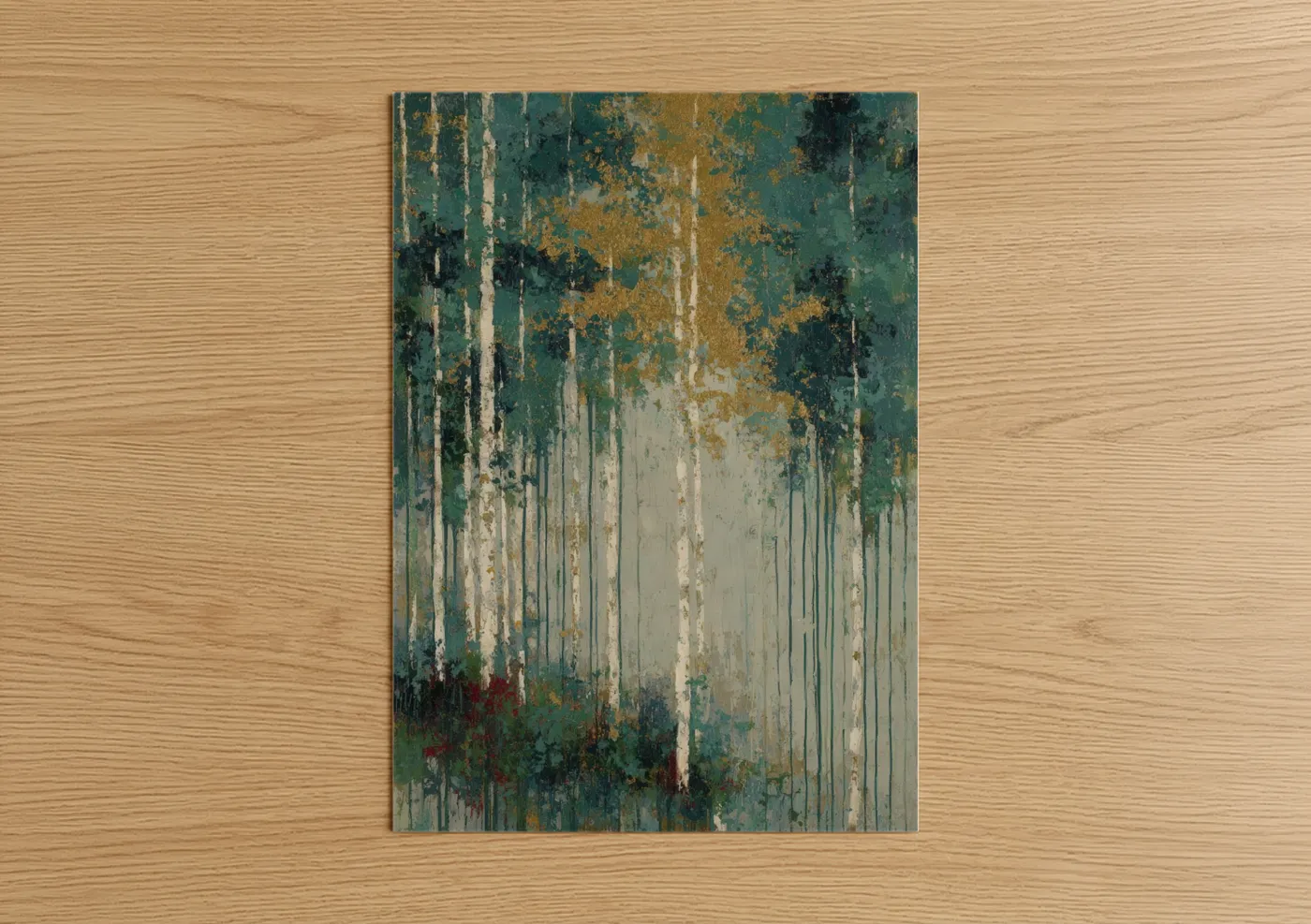 Birch tree art print on warm oak wood — teal and cream palette — Misty Birch Forest poster