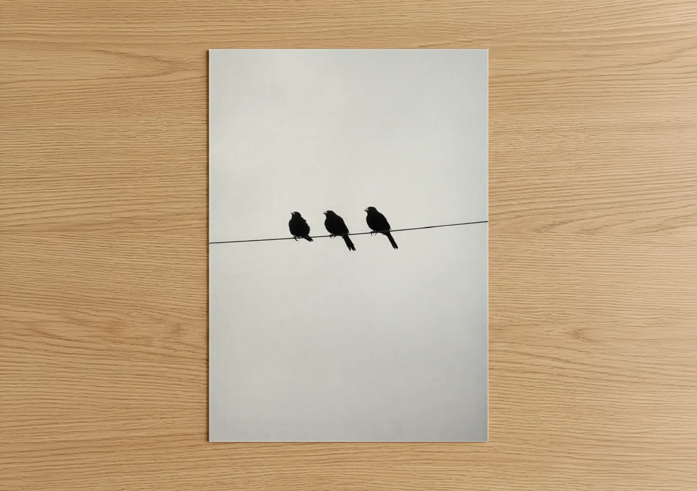 Art print on warm oak wood — black and white palette — Three Perched Finches poster