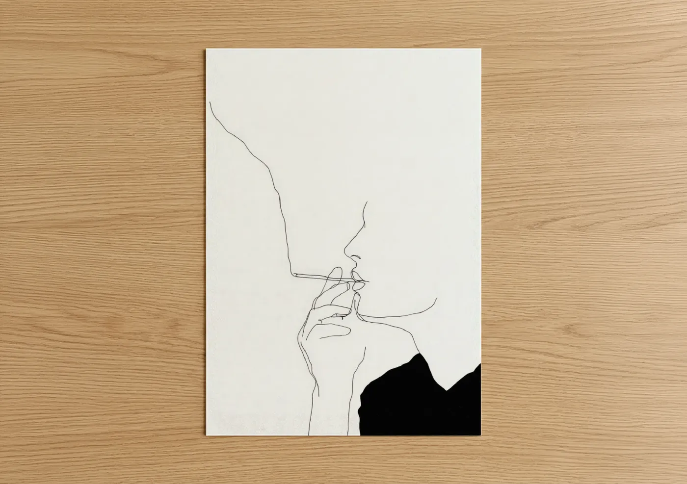 Art print on warm oak wood — black and white palette — Contemplative Smoke poster