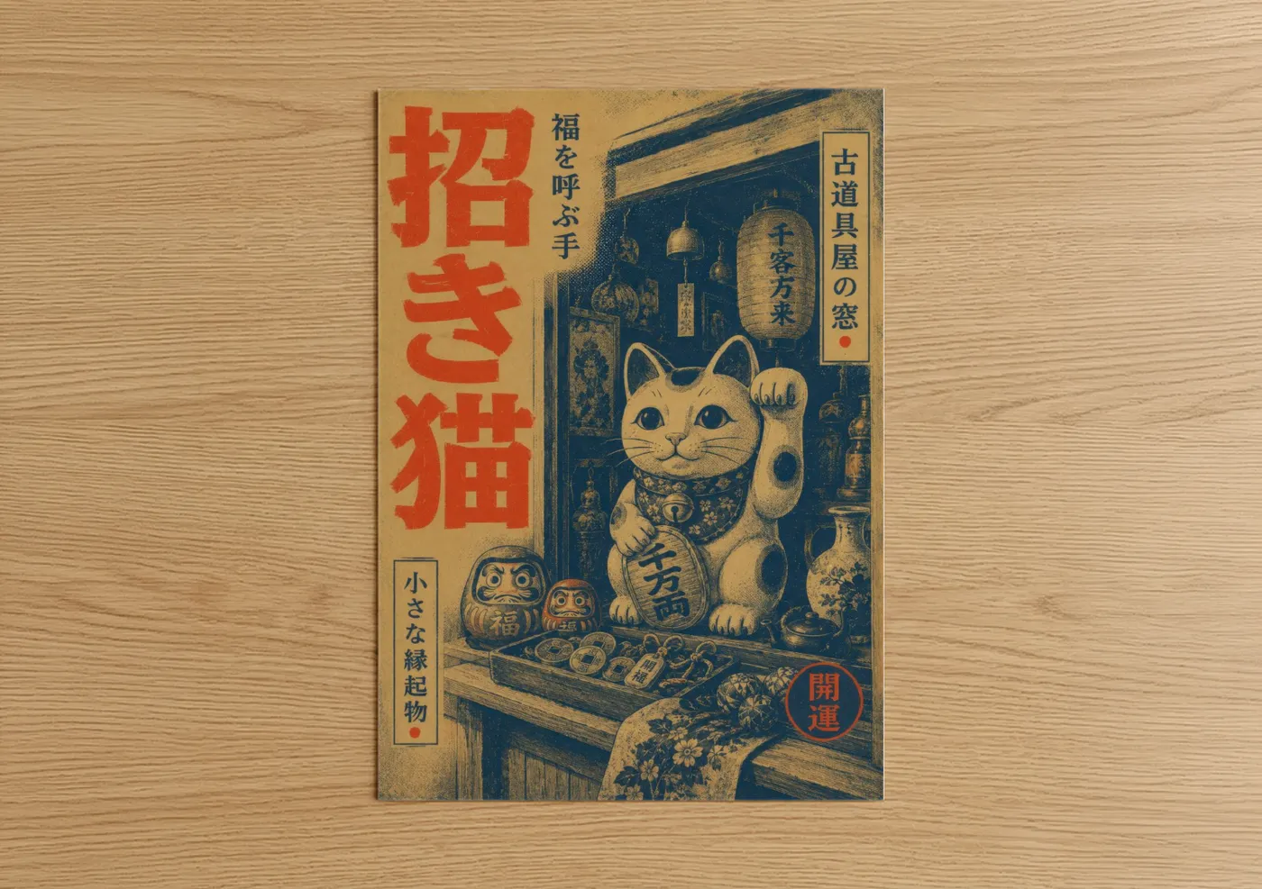 Art print on warm oak wood — gold and blue palette — Vintage Japanese Maneki Neko Lucky Cat Wall Art poster