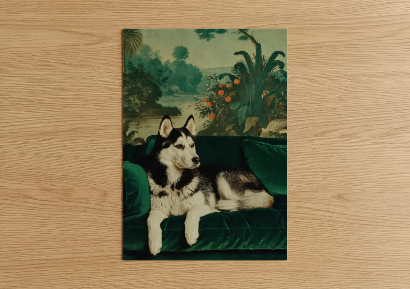 Black and White Husky on Green Velvet Sofa Wall Art