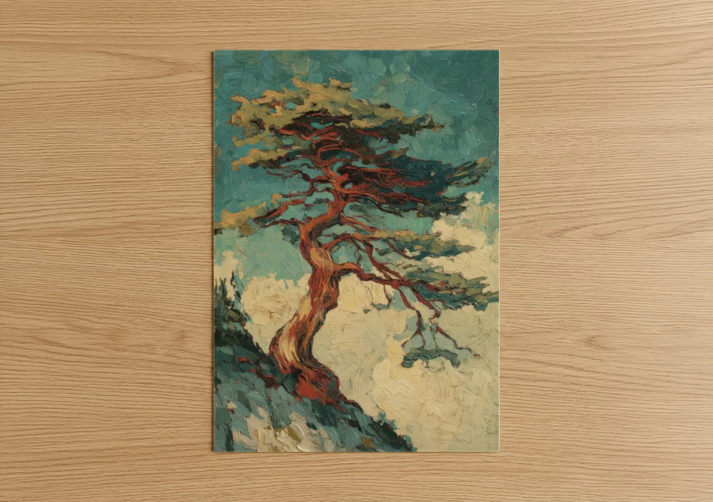 Cedar tree art print on warm oak wood — teal and gold palette — Windswept Cedar poster