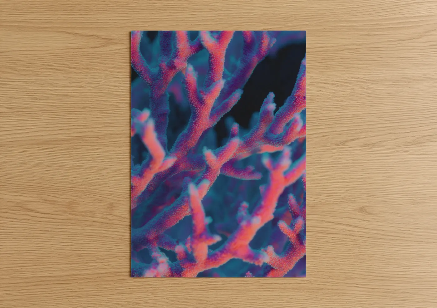 Art print on warm oak wood — magenta and dark blue palette — Neon Coral poster