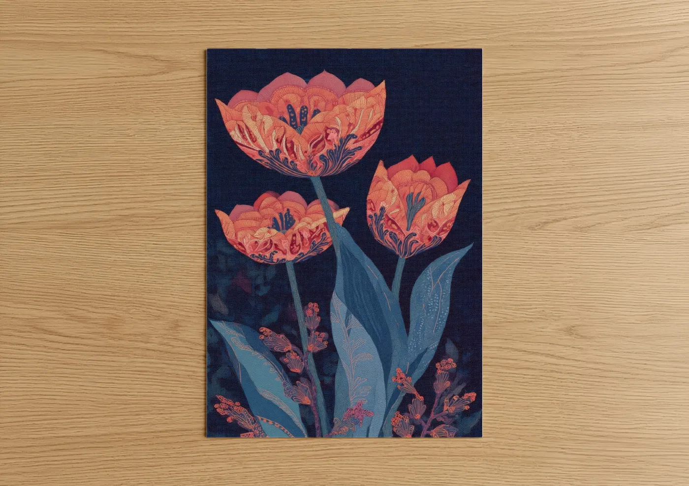 Coral Tulip Trio Botanical Illustration Wall Art