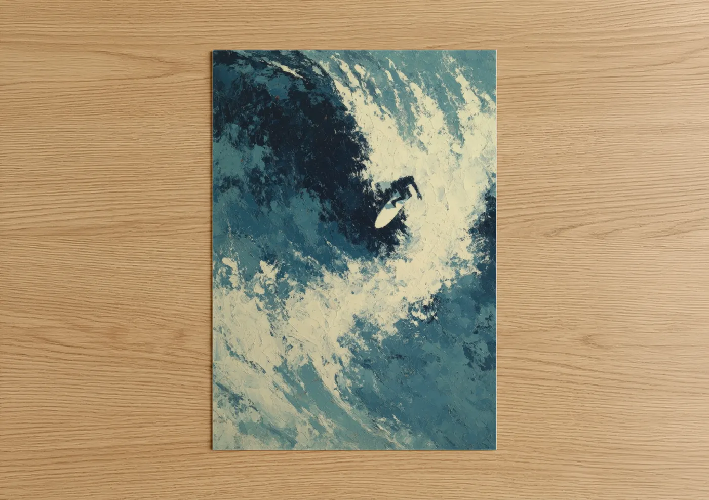 Water surfing art print on warm oak wood — teal and white palette — Aerial Surfer poster