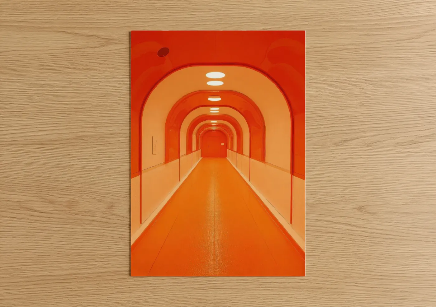 Art print on warm oak wood — red and orange palette — Crimson Modern Tunnel poster