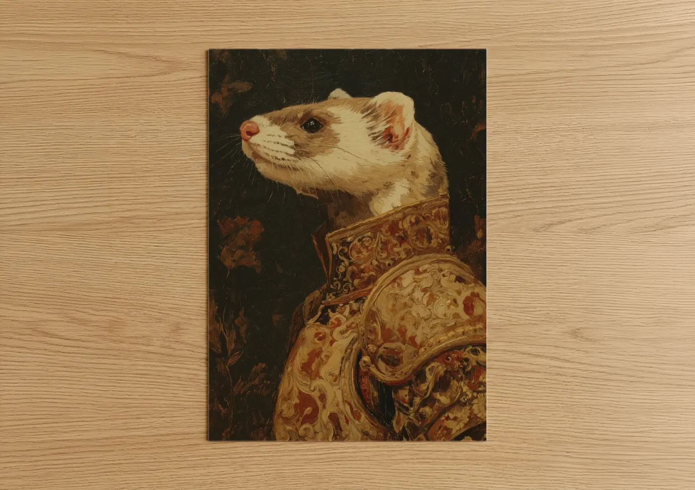 Art print on warm oak wood — gold and russet palette — Noble Weasel poster