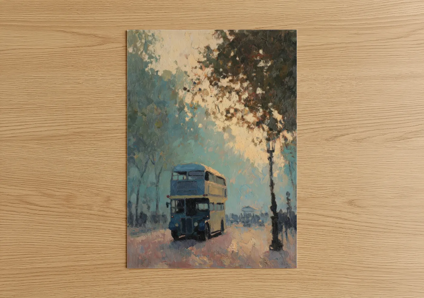 Art print on warm oak wood — blue and gold and gray palette — Vintage London Bus poster