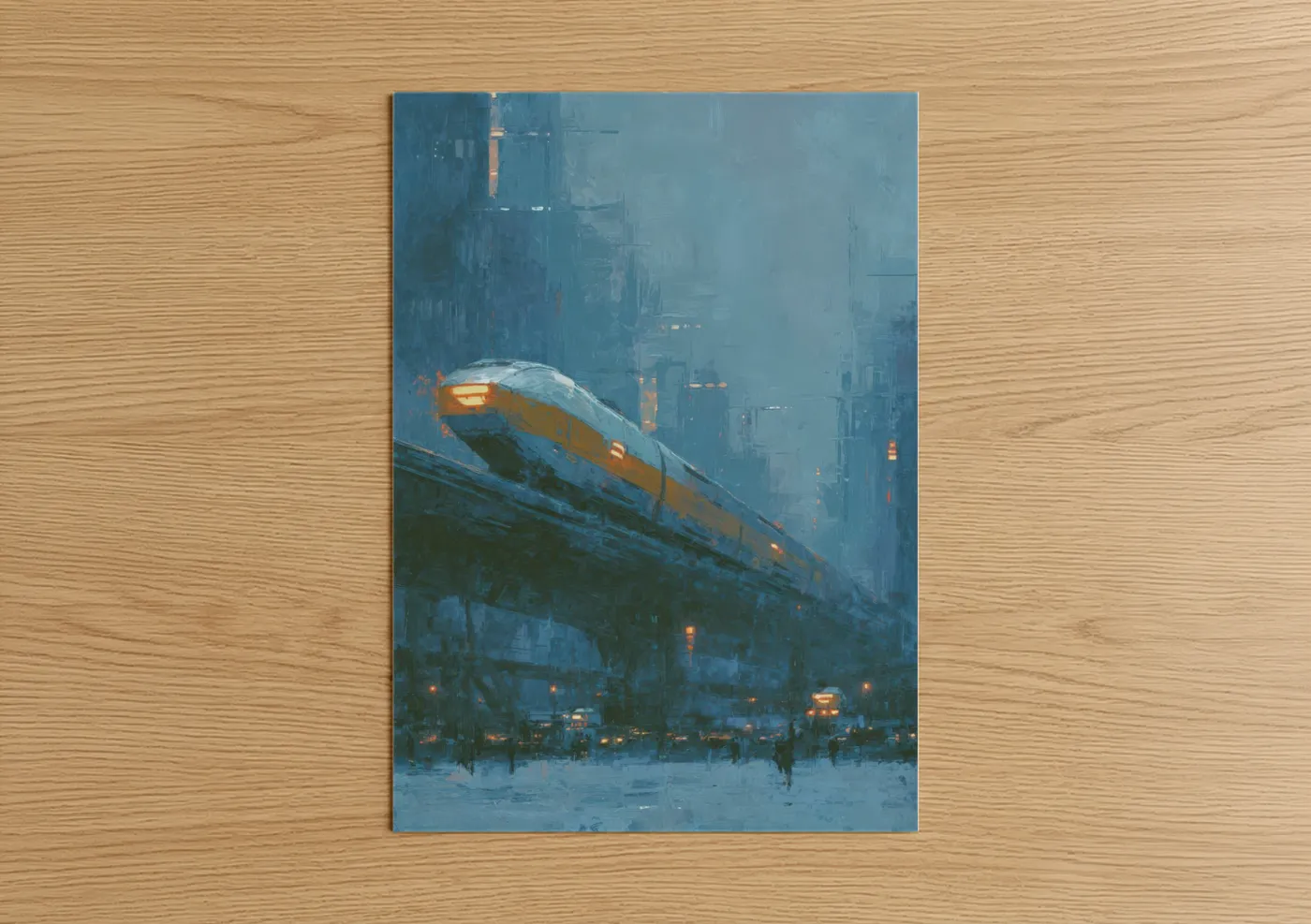 Futuristic City Train Yellow Blue Wall Art