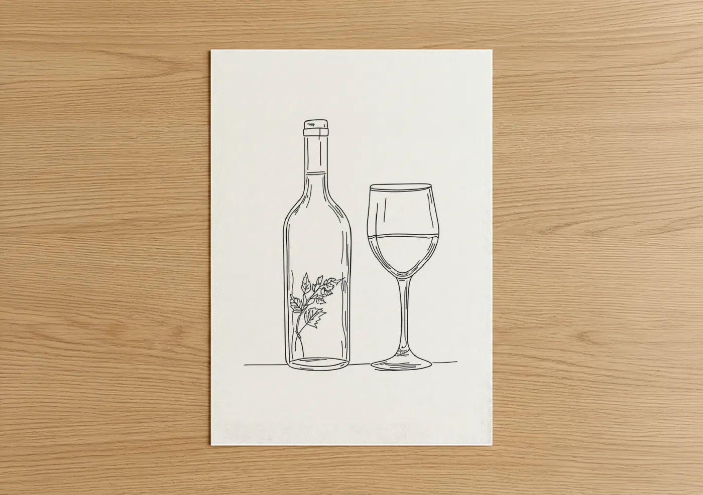 Wine and alcohol art print on warm oak wood — black and white palette — Wine Bottle & Glass poster