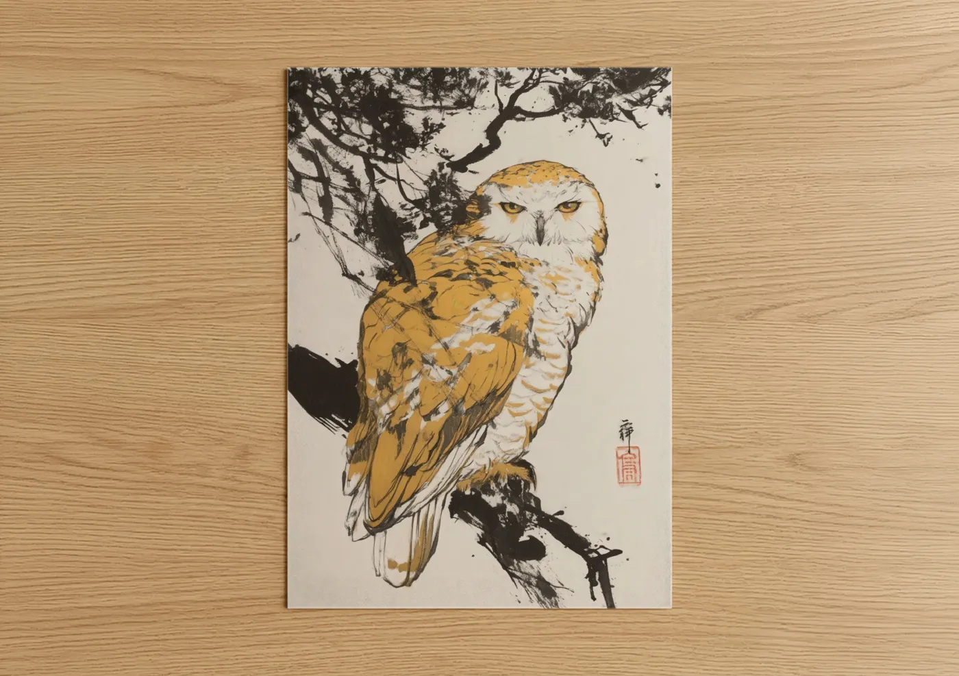 Golden Barn Owl Japanese Art Print Wall Art