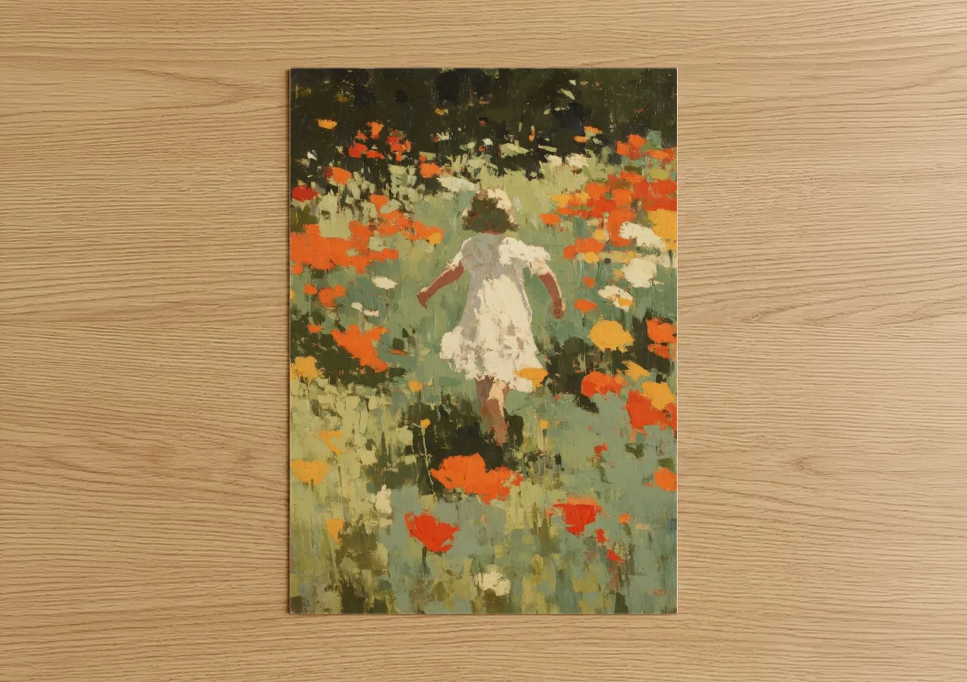 Art for girl art print on warm oak wood — orange and green palette — Wildflower Wonder poster