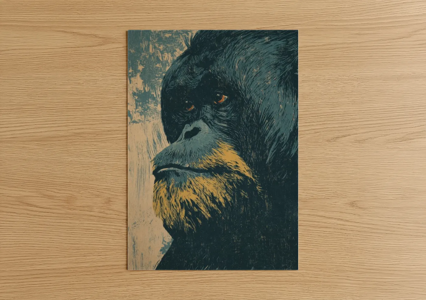 Golden Orangutan Portrait Woodblock Wall Art