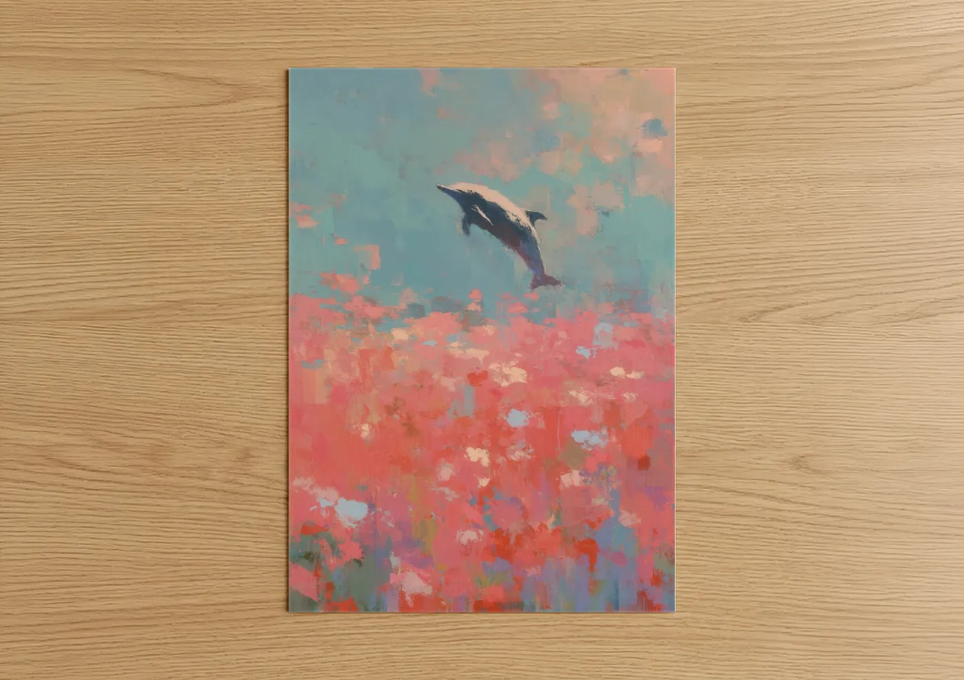 Dolphins art print on warm oak wood — blue and salmon pink palette — Leaping Dolphin poster