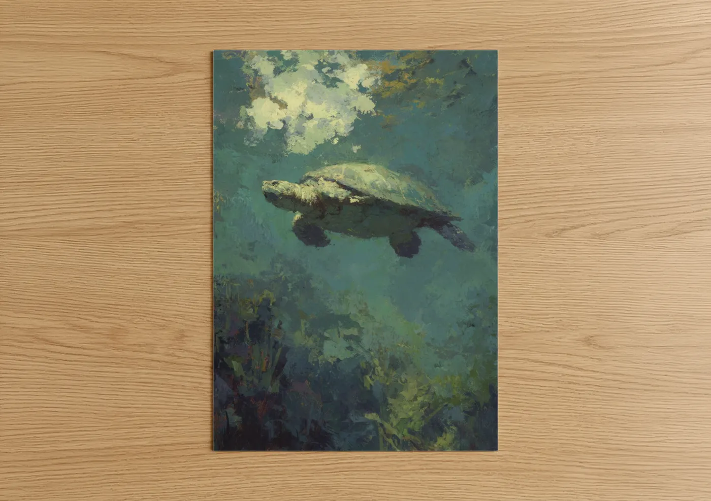 Sunlit Turtle Swimming Underwater Wall Art