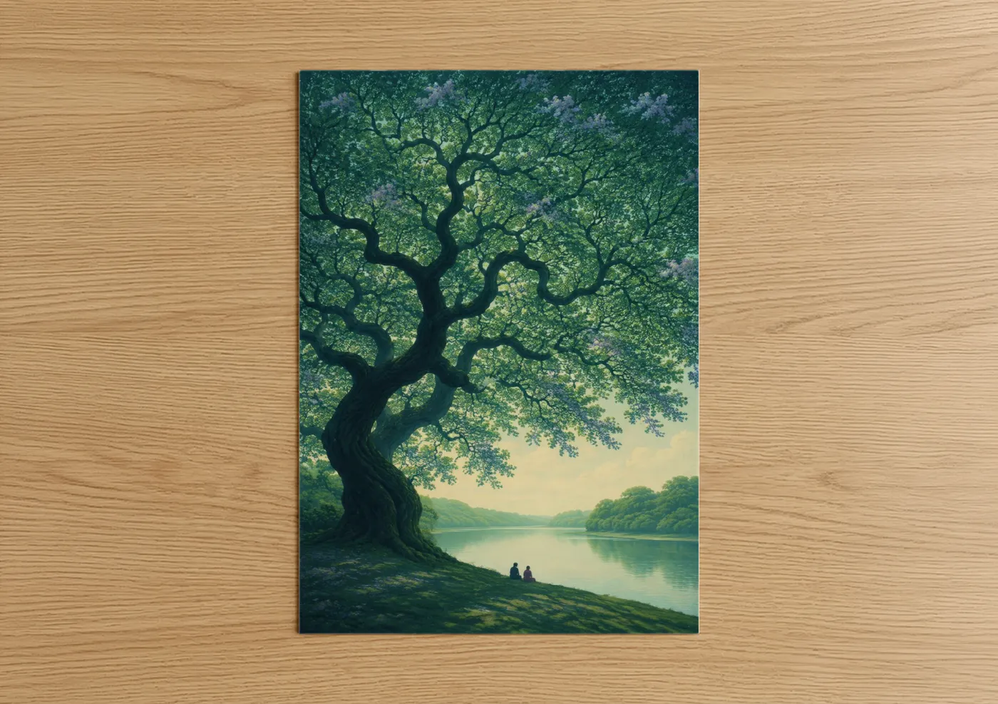Art print on warm oak wood — true green and teal palette — Tranquil Lakeside Tree Romance Wall Art poster