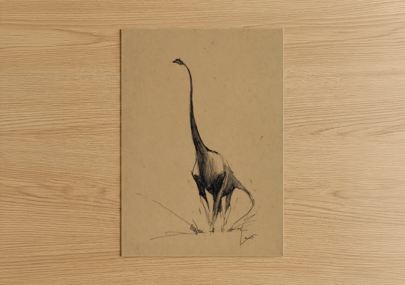 Dinosaur art print on warm oak wood — black and beige palette — Graceful Sauropod poster