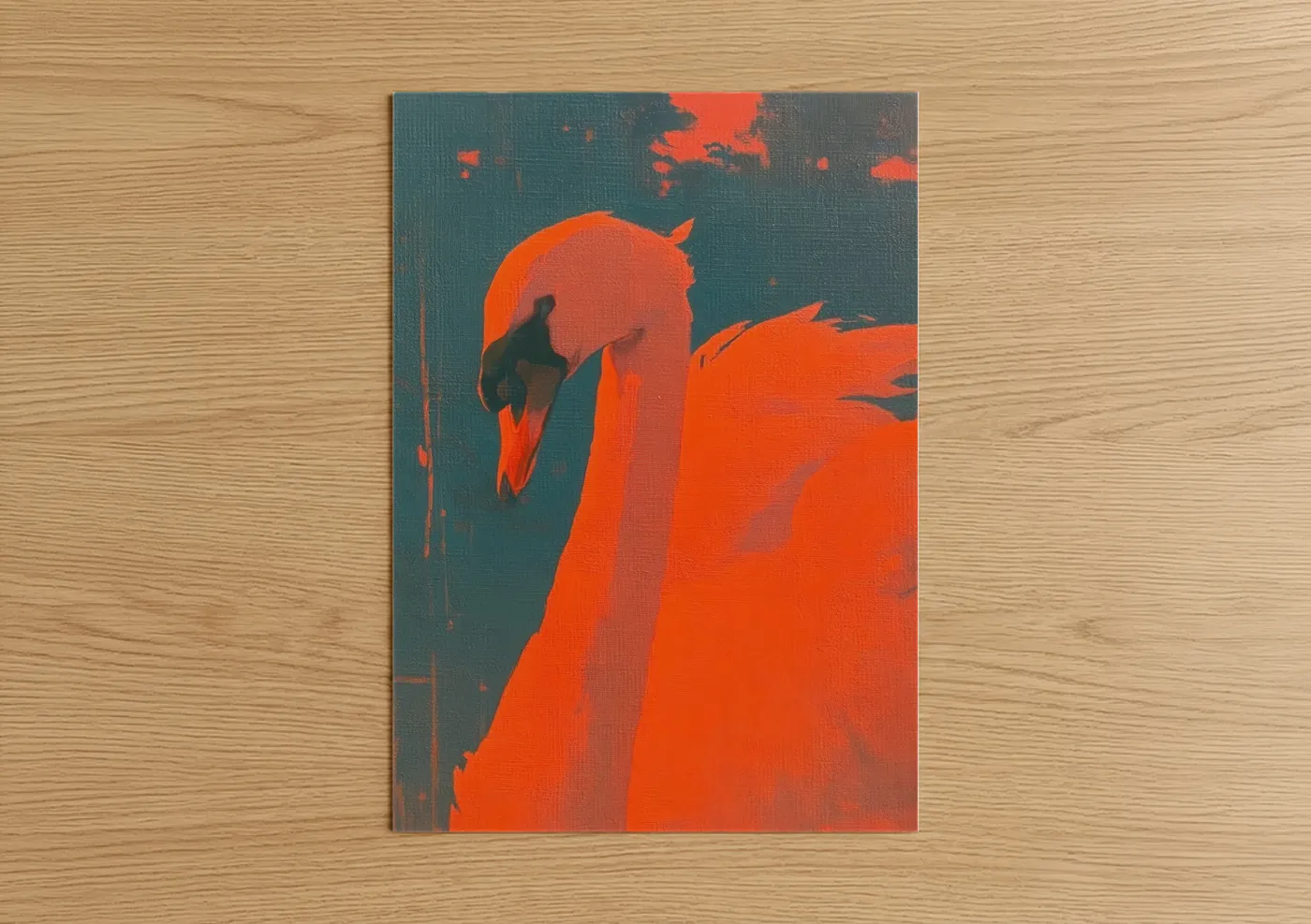 Art print on warm oak wood — orange and teal palette — Crimson Swan poster