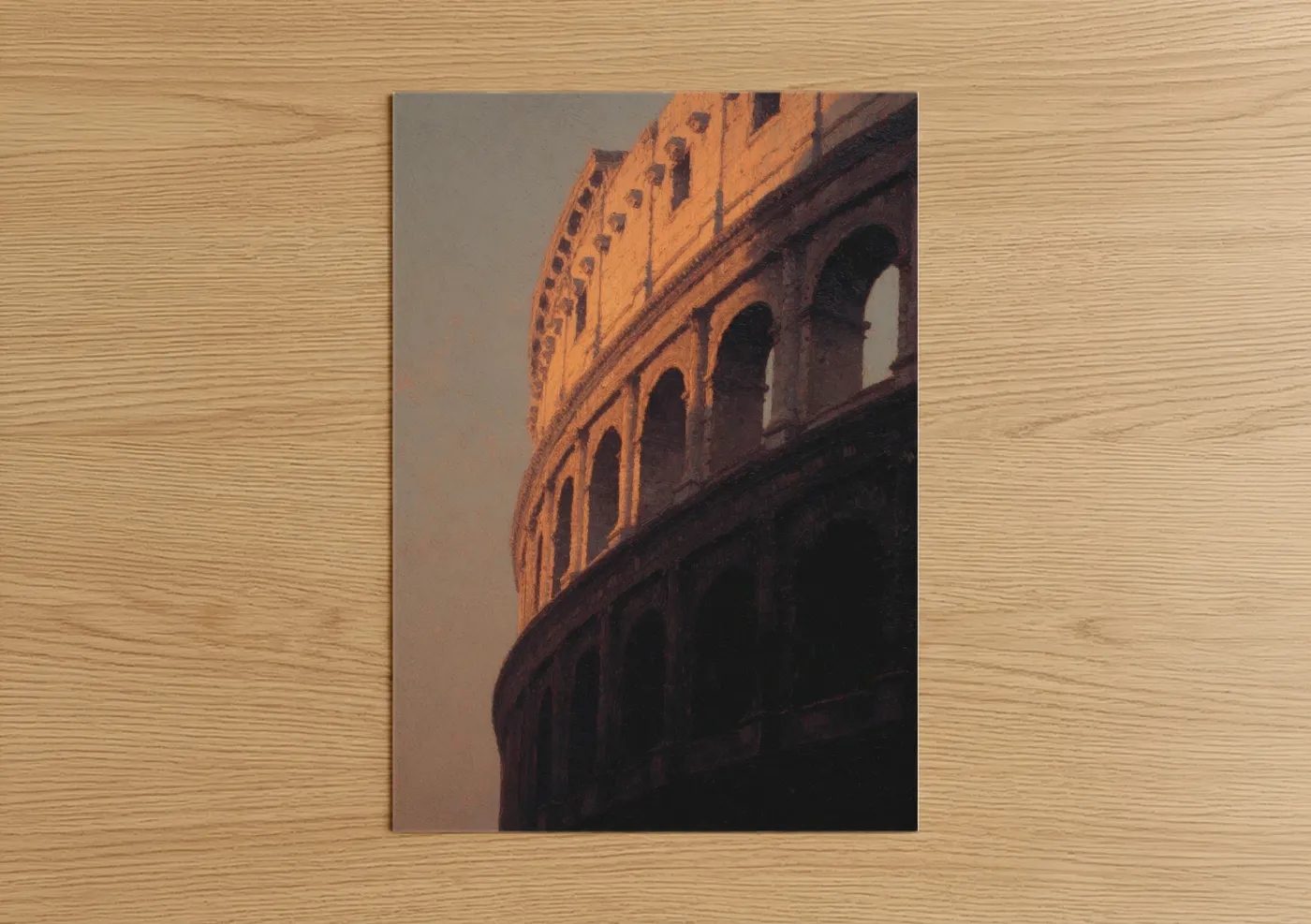 Art print on warm oak wood — gold and russet palette — Golden Colosseum poster