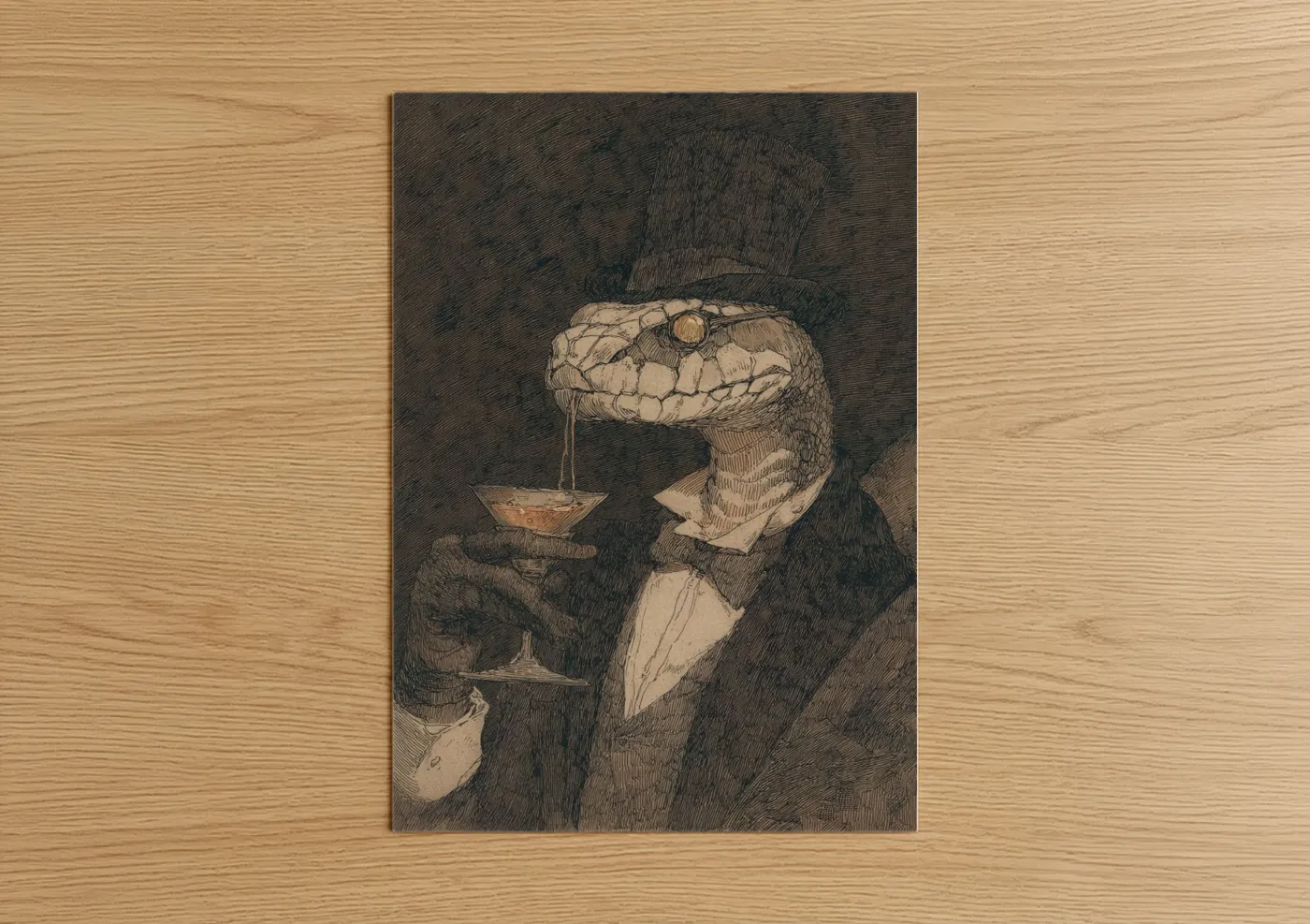 Art print on warm oak wood — black and white and espresso palette — Gentleman Viper poster