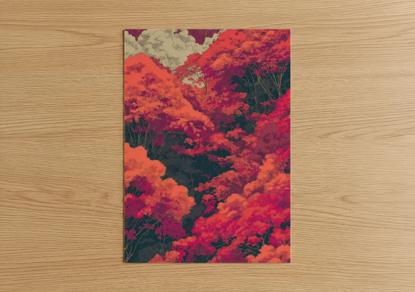 Art print on warm oak wood — red and orange palette — Crimson Maple Forest poster