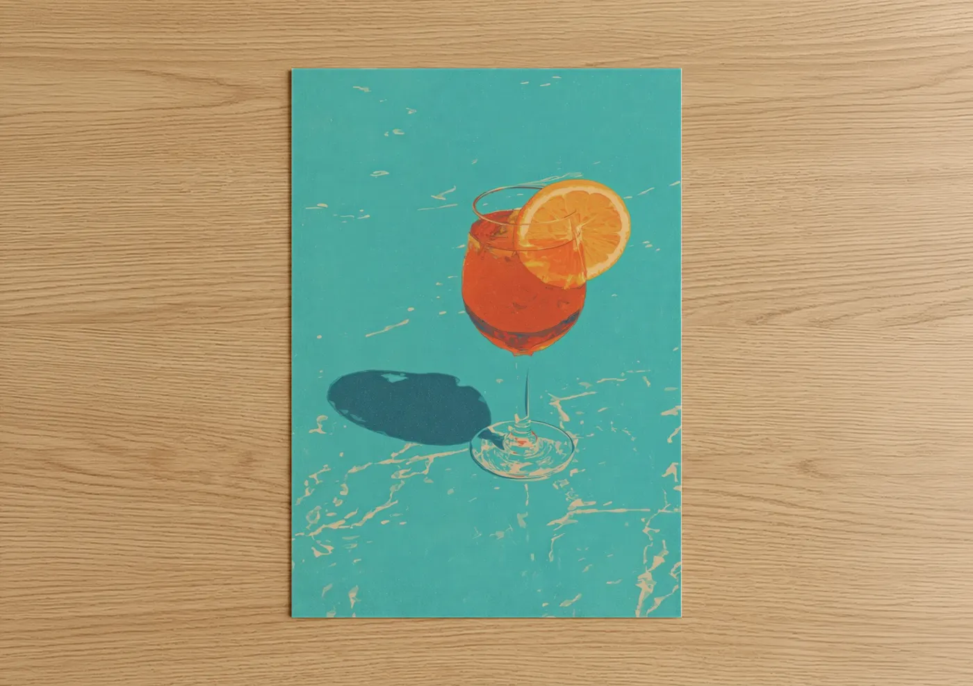 Art print on warm oak wood — teal and orange palette — Sunset Cocktail poster