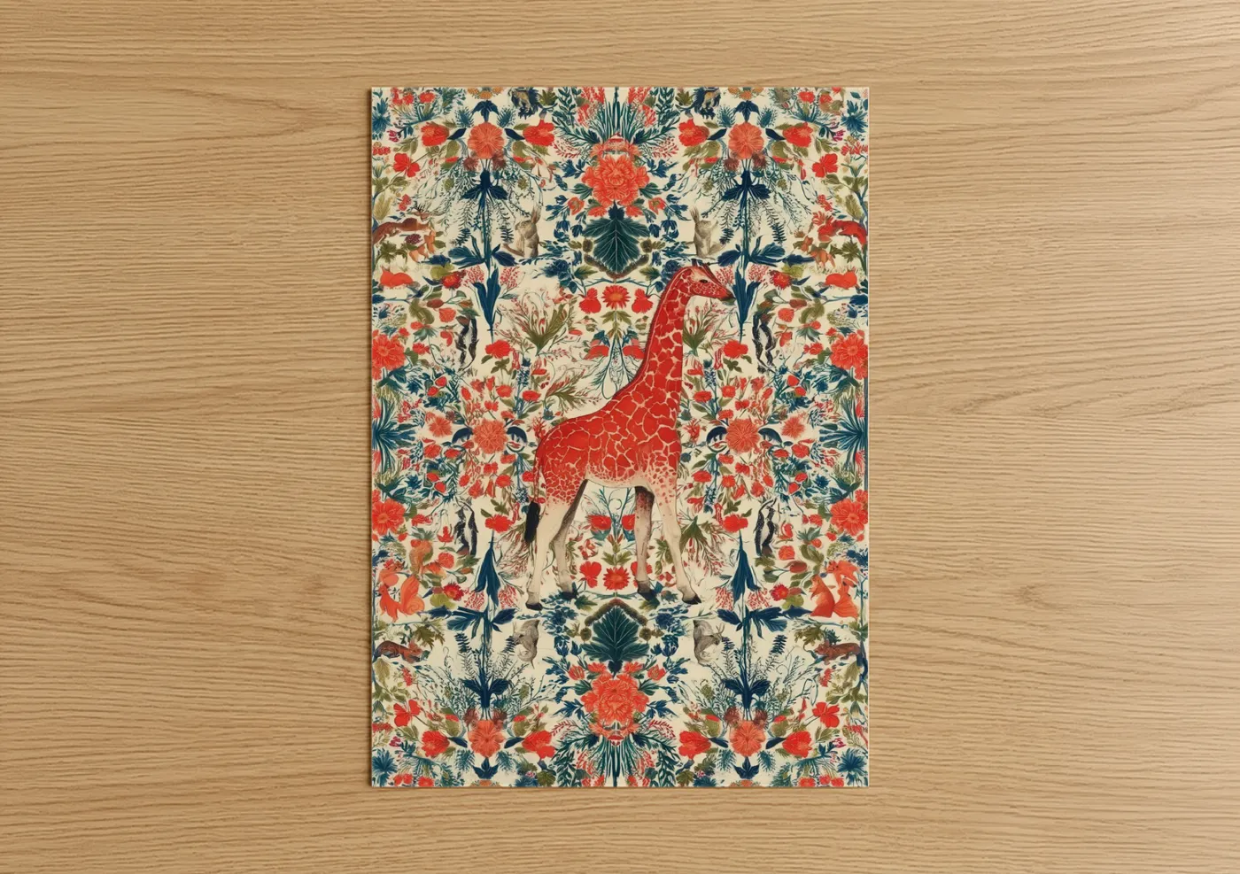 Art print on warm oak wood — red and dark blue palette — Giraffe Floral Pattern poster