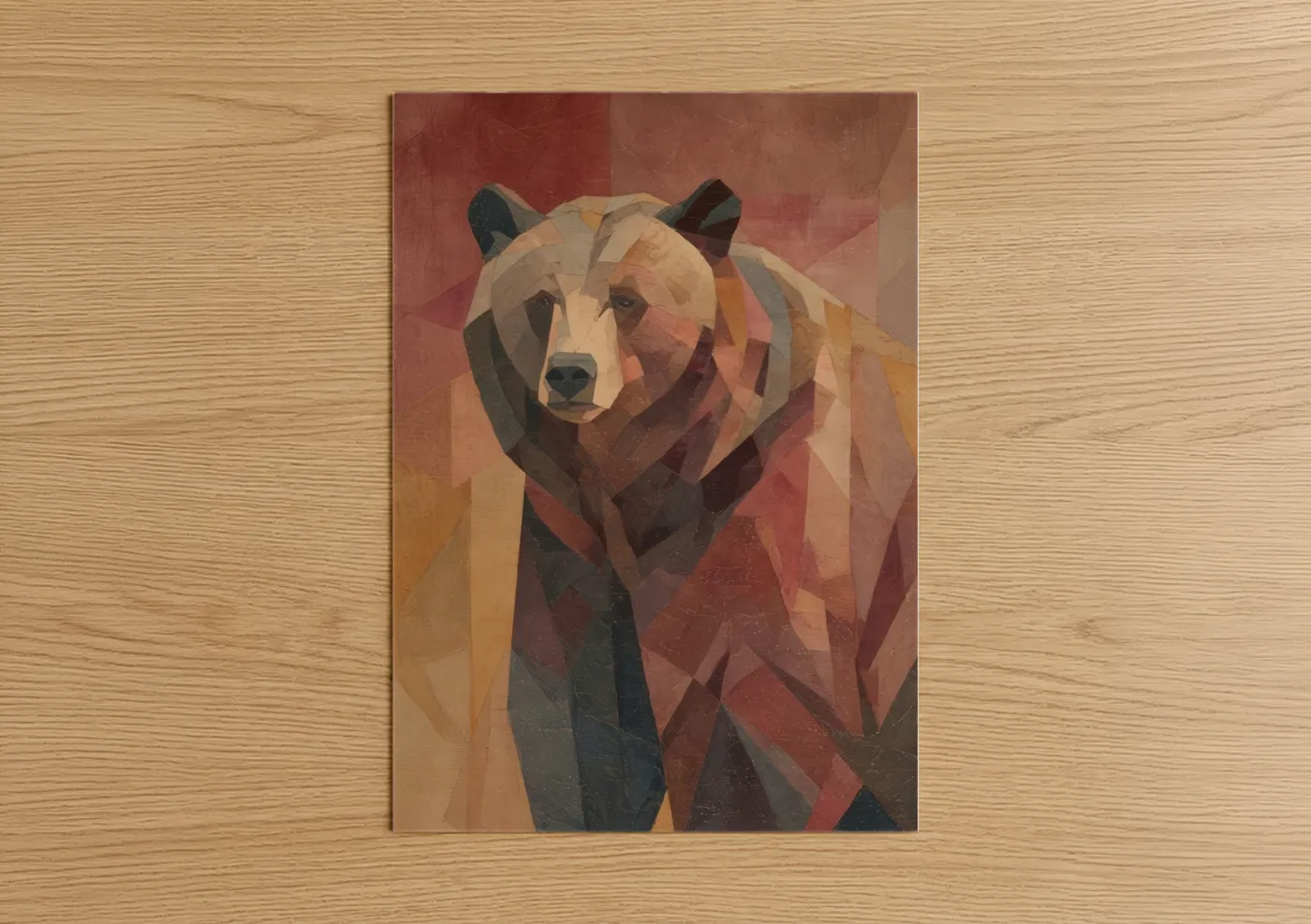 Grizzly bear art print on warm oak wood — russet and gold palette — Geometric Grizzly poster