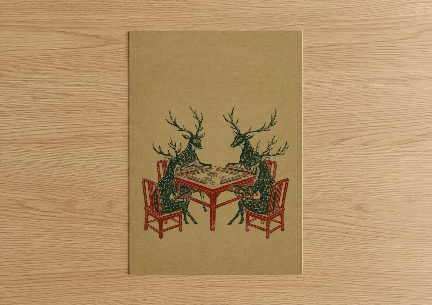 Art print on warm oak wood — red and beige palette — Deer Playing Cards Wall Art poster