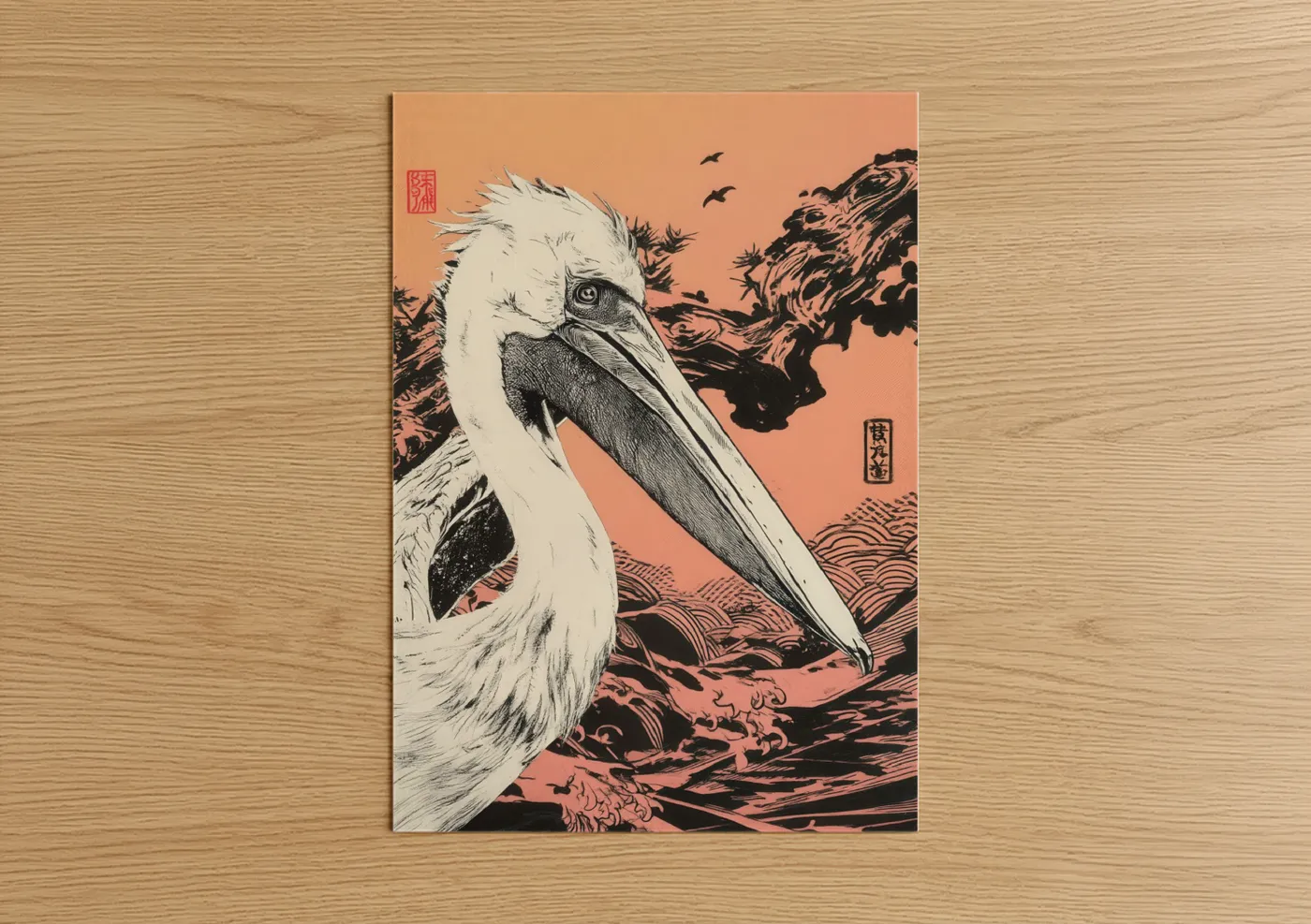 Coastal Pelican Japanese Woodblock Art Wall Art