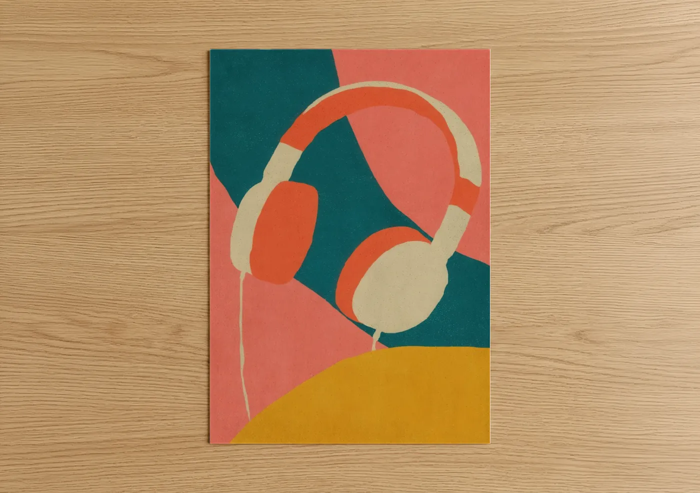 Art print on warm oak wood — orange and teal palette — Retro Headphones poster