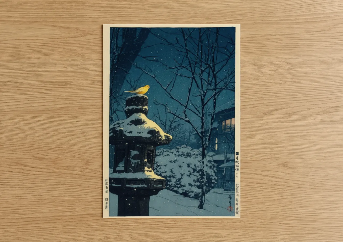Canaries art print on warm oak wood — dark blue and gold palette — Winter Canary poster
