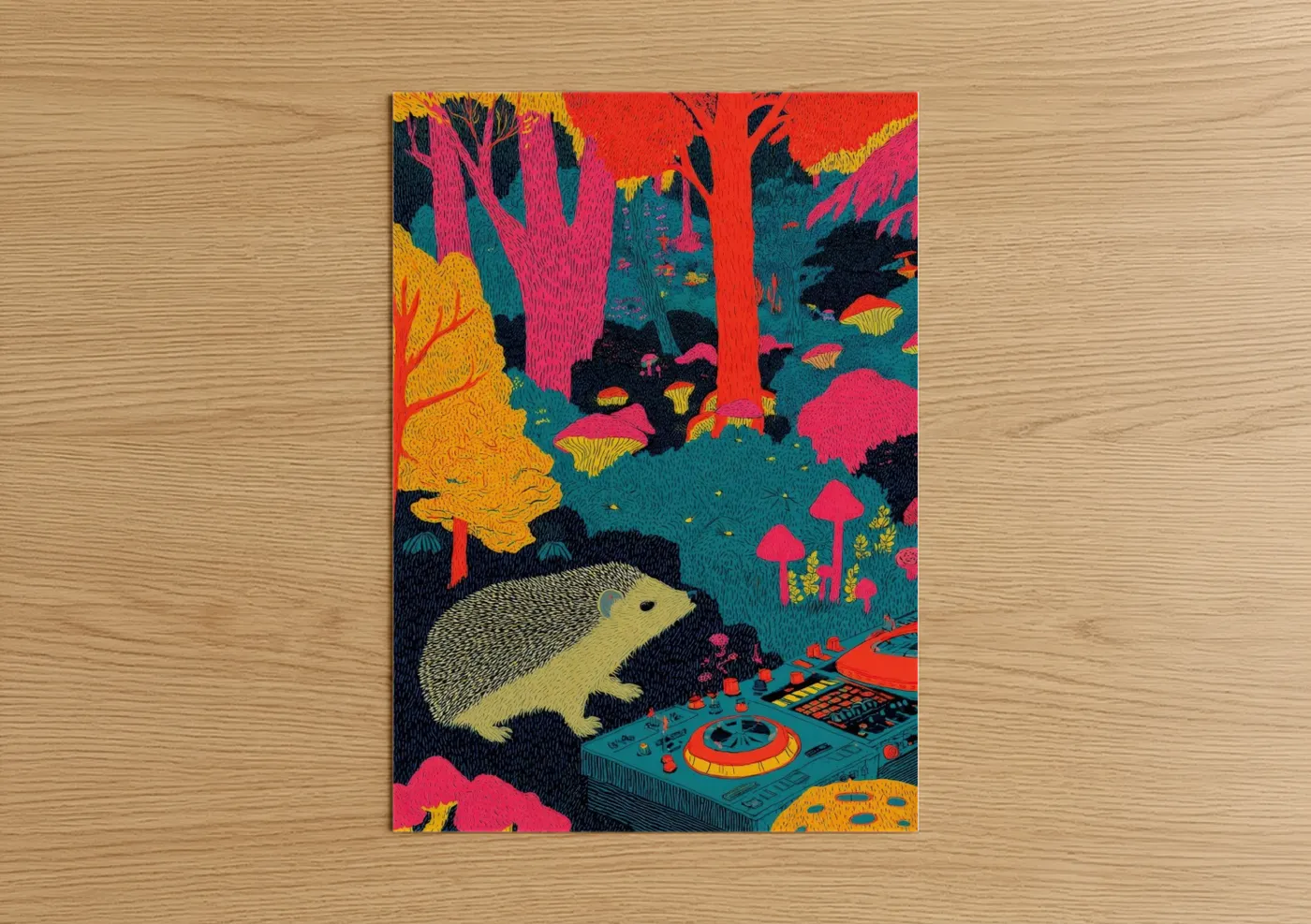 Neon Hedgehog Psychedelic Forest Wall Art