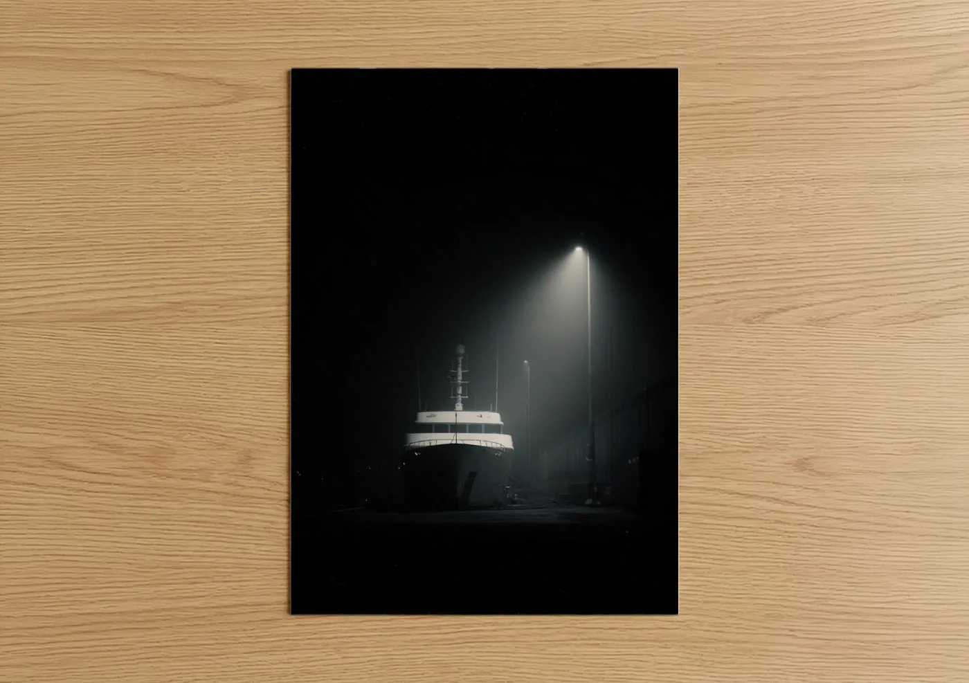 Yacth art print on warm oak wood — black and white and gray palette — Midnight Yacht poster