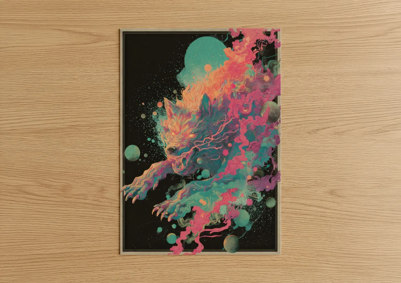 Japanese psychedelic art print on warm oak wood — magenta and turquoise palette — Cosmic Wolf Spirit poster