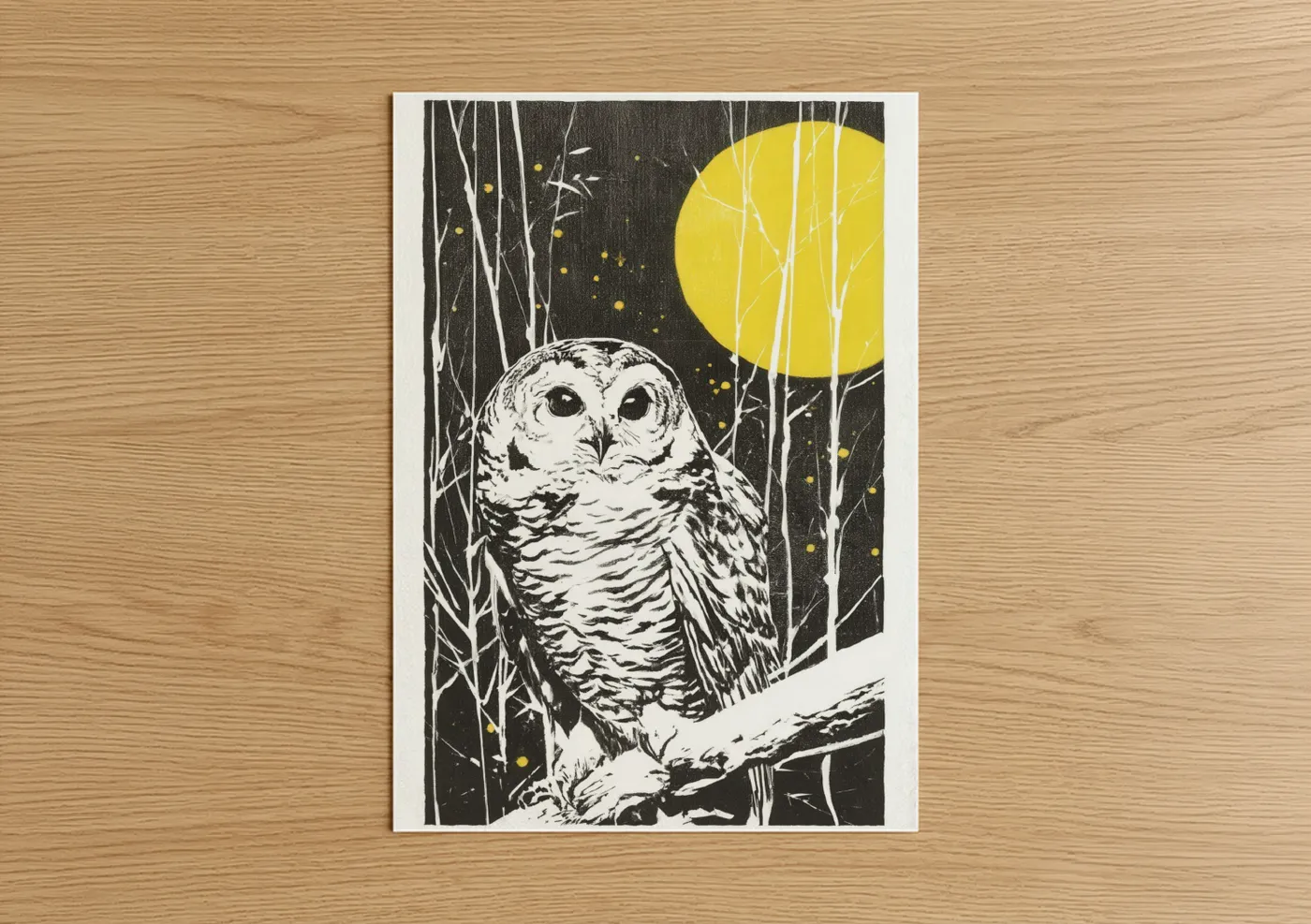 Moonlit Owl Woodblock Print Wall Art