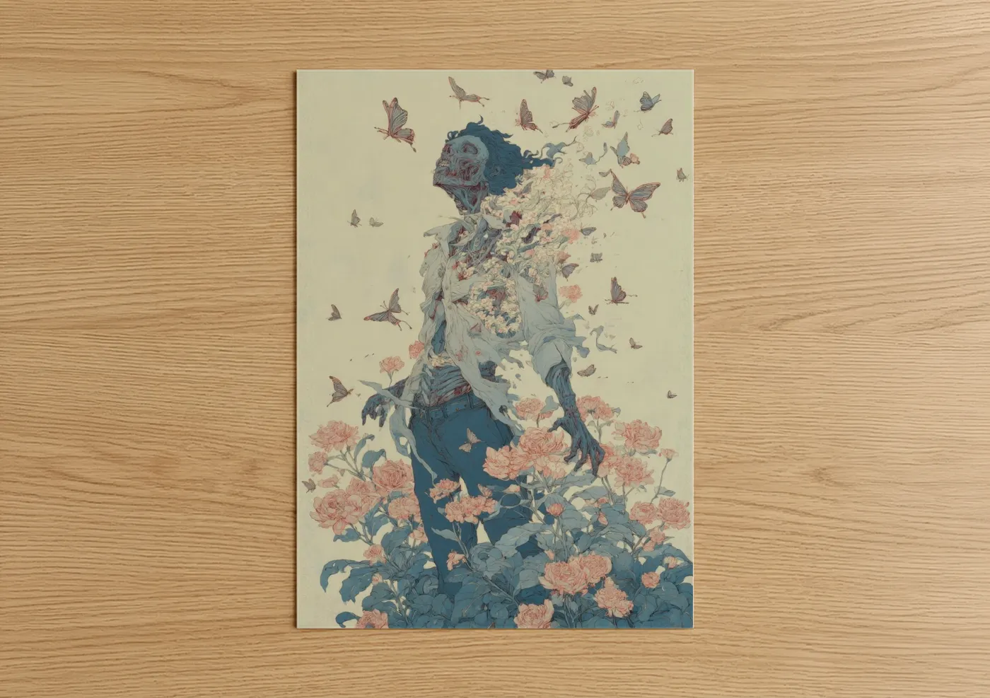 Art print on warm oak wood — cream and blue palette — Floral Zombie poster