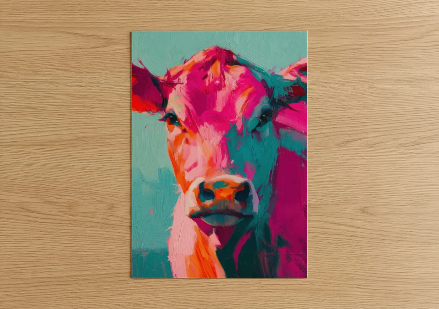 Angus cow art print on warm oak wood — magenta and turquoise palette — Neon Angus poster