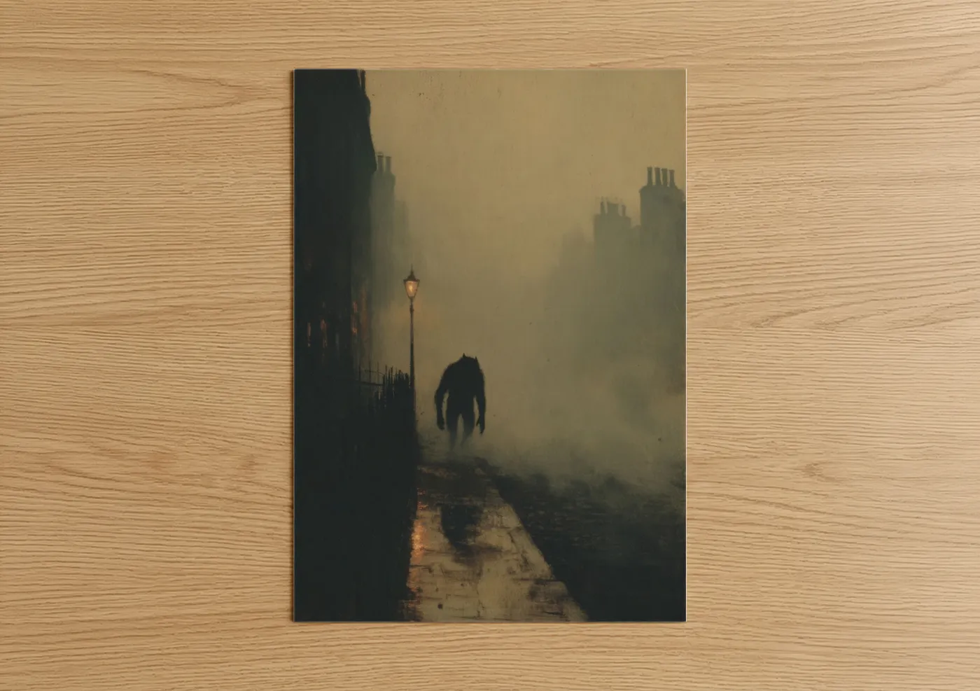 Art print on warm oak wood — black and gold and dove gray palette — Foggy Werewolf poster