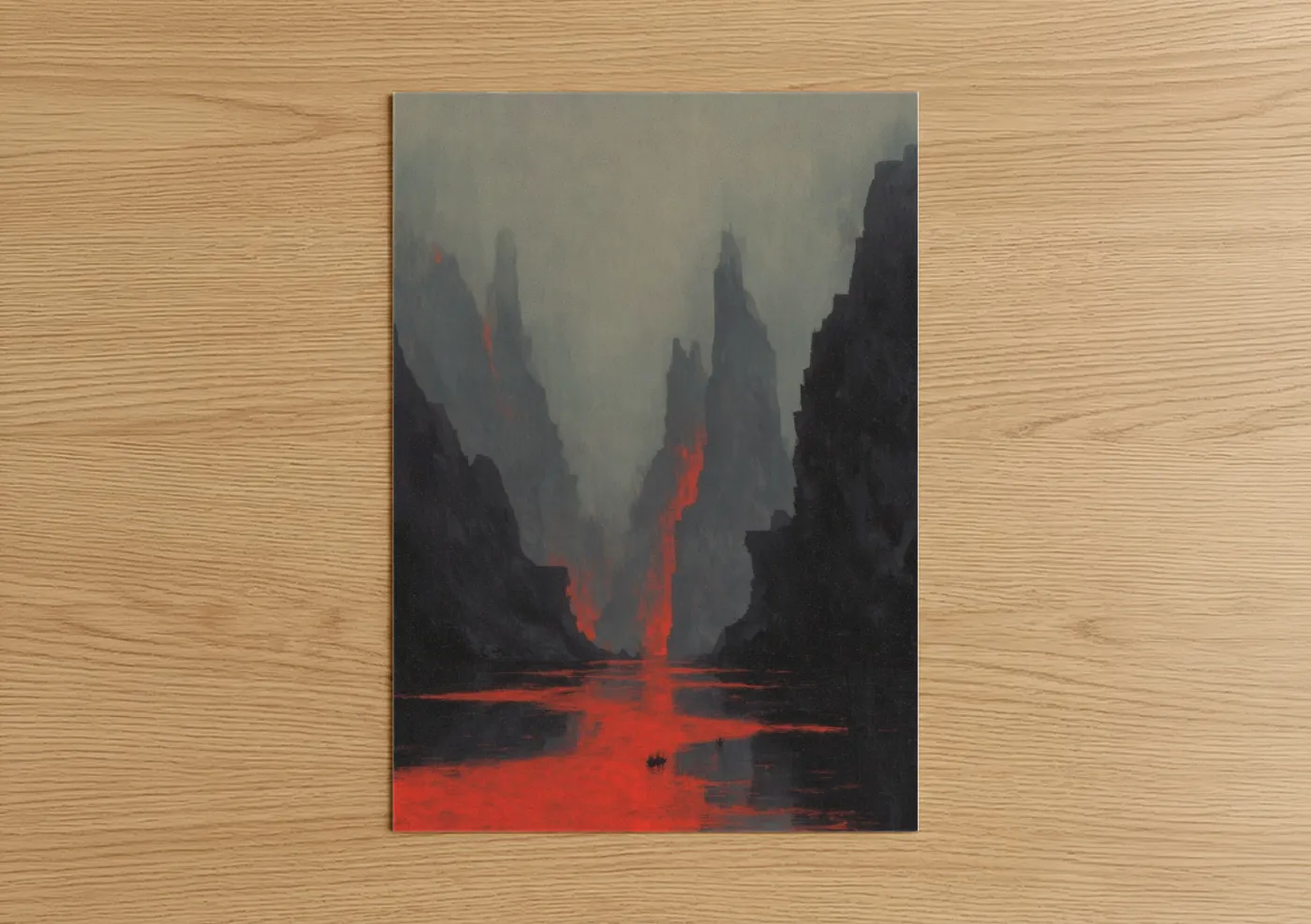 Cliff art print on warm oak wood — black and red palette — Crimson Chasm poster