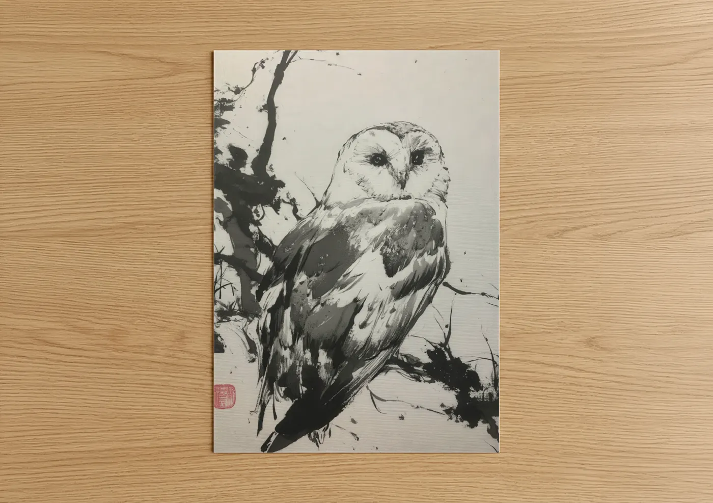 Barn Owl Monochrome Ink Drawing Wall Art