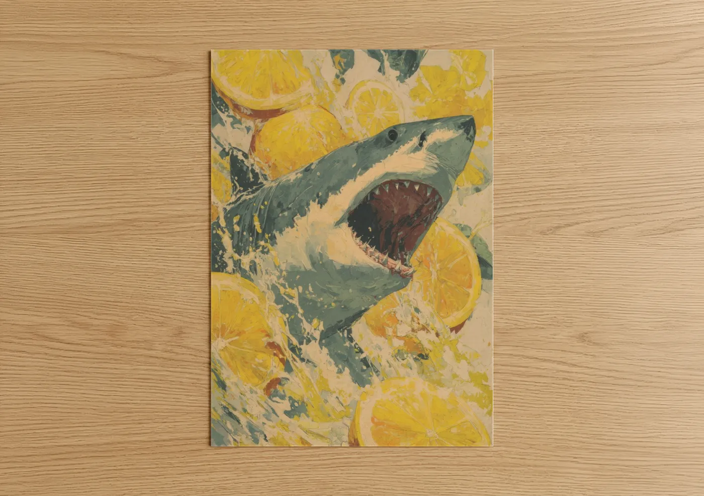 Lemon shark art print on warm oak wood — yellow and blue and green palette — Citrus Shark Attack poster