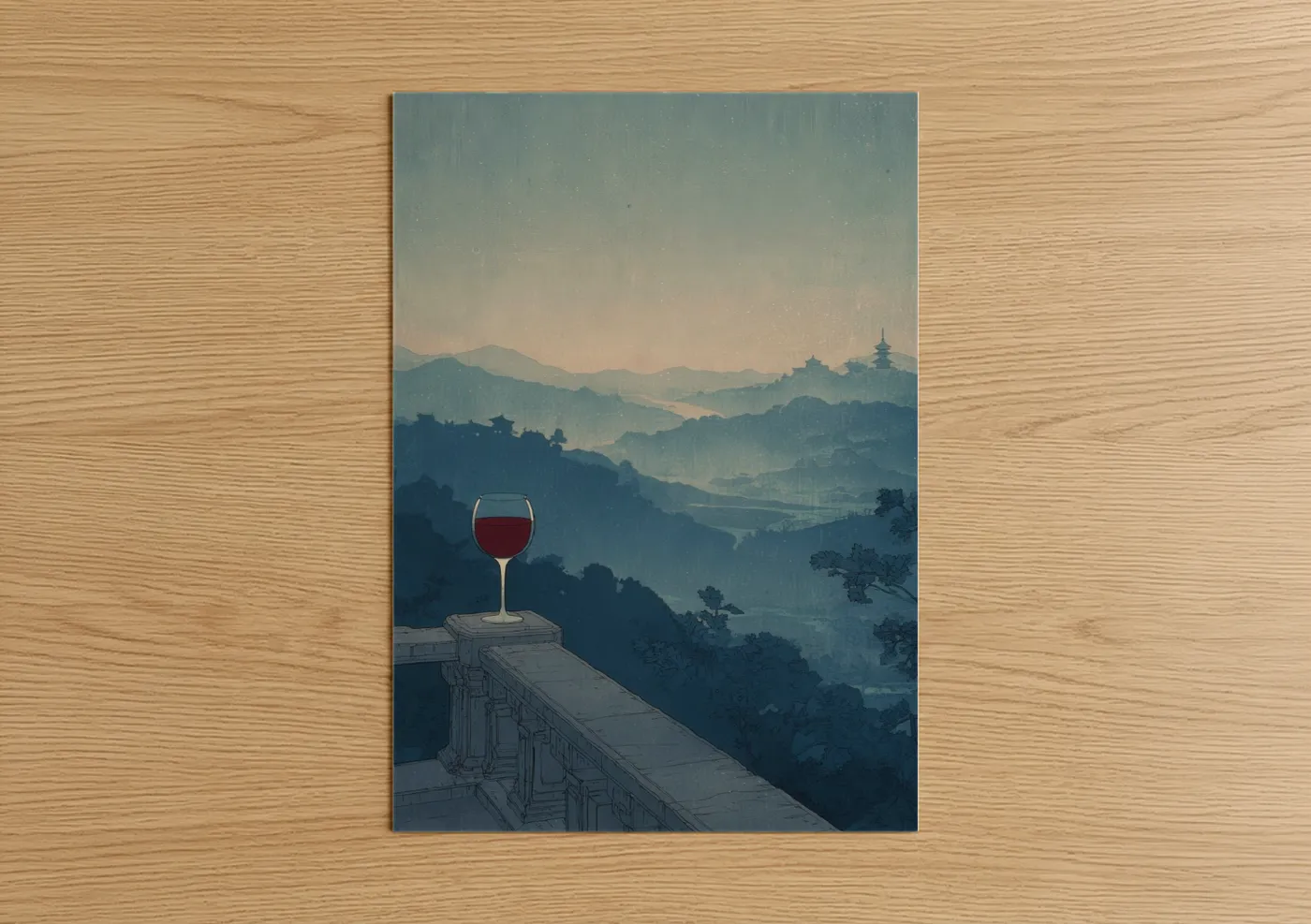 Red wine art print on warm oak wood — blue and gold palette — Mountain Vista Wine poster