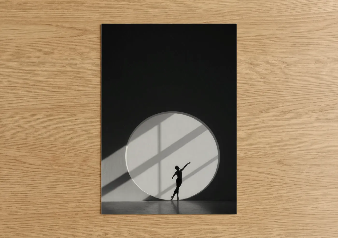 Modern dance art print on warm oak wood — black and white and gray palette — Geometric Dancer poster