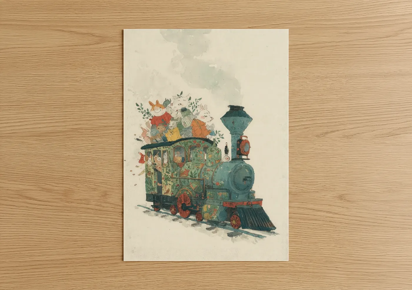Art print on warm oak wood — teal and cream palette — Whimsical Train Adventure poster