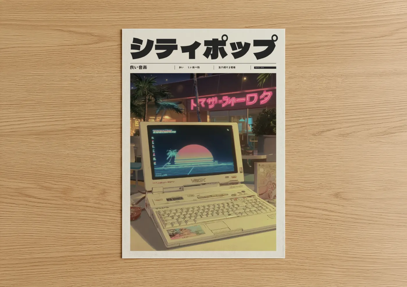 Anime and manga art print on warm oak wood — pink and blue palette — Retro Sunset Laptop poster