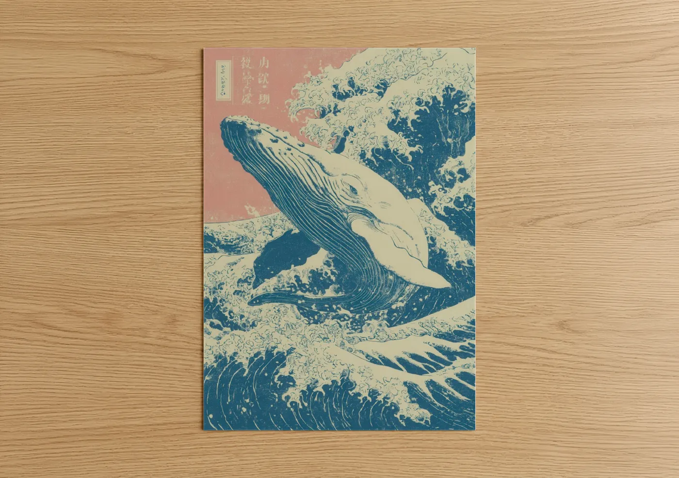 Sperm whale art print on warm oak wood — blue and cream palette — Great Wave Whale poster