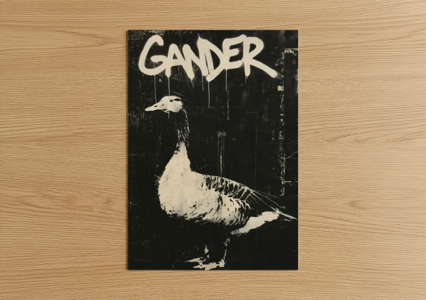 Geese art print on warm oak wood — black and white palette — Urban Gander poster