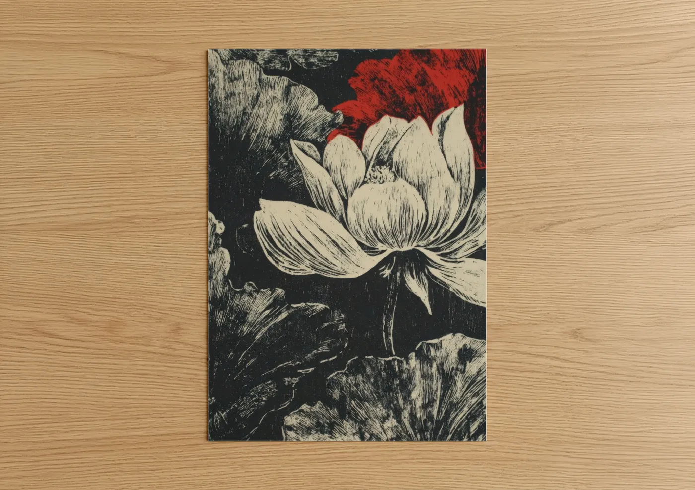 Art print on warm oak wood — black and white and red palette — Crimson Lotus Study poster
