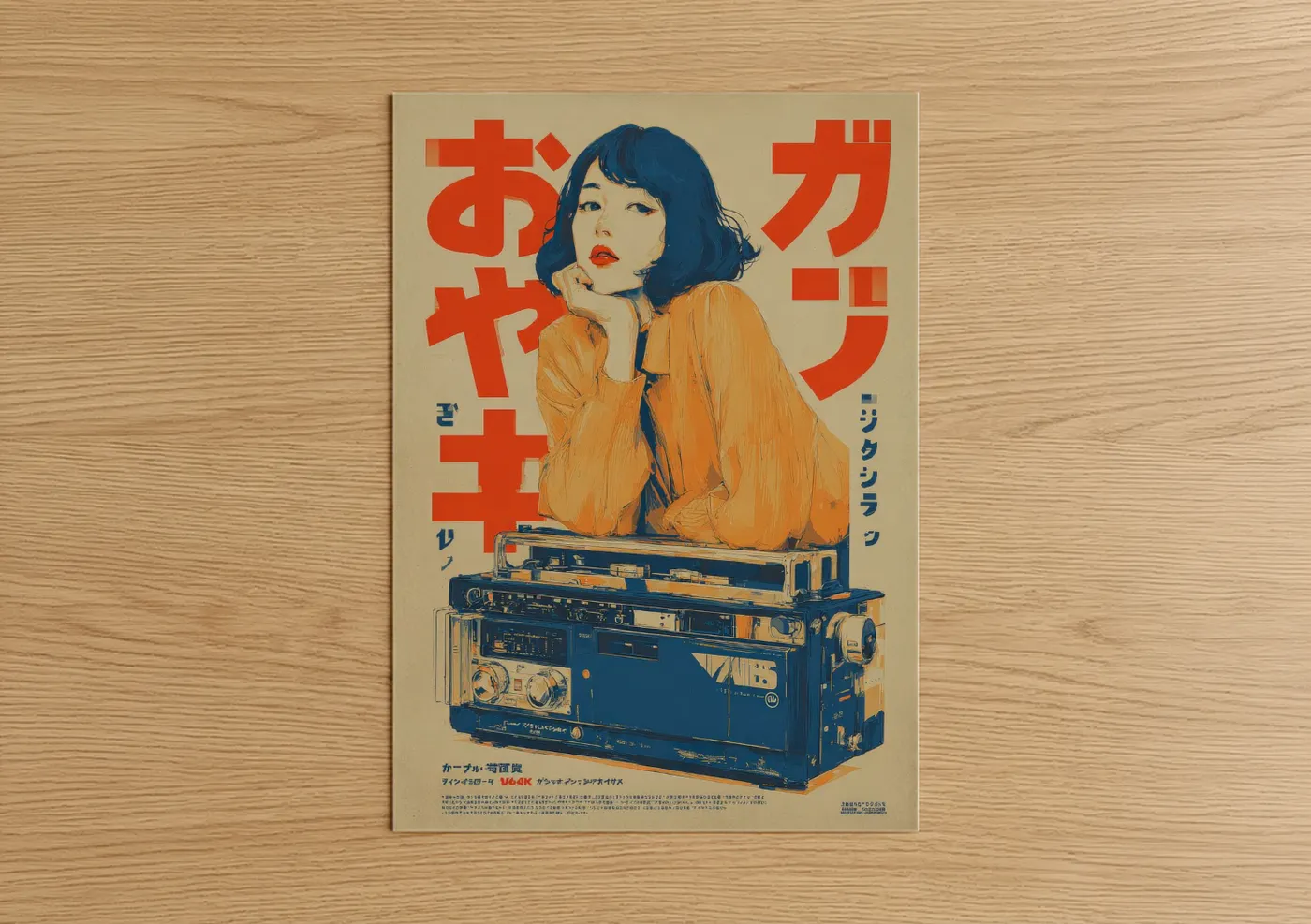 Vintage japanese ads art print on warm oak wood — gold and dark blue palette — Retro Cassette Chic poster